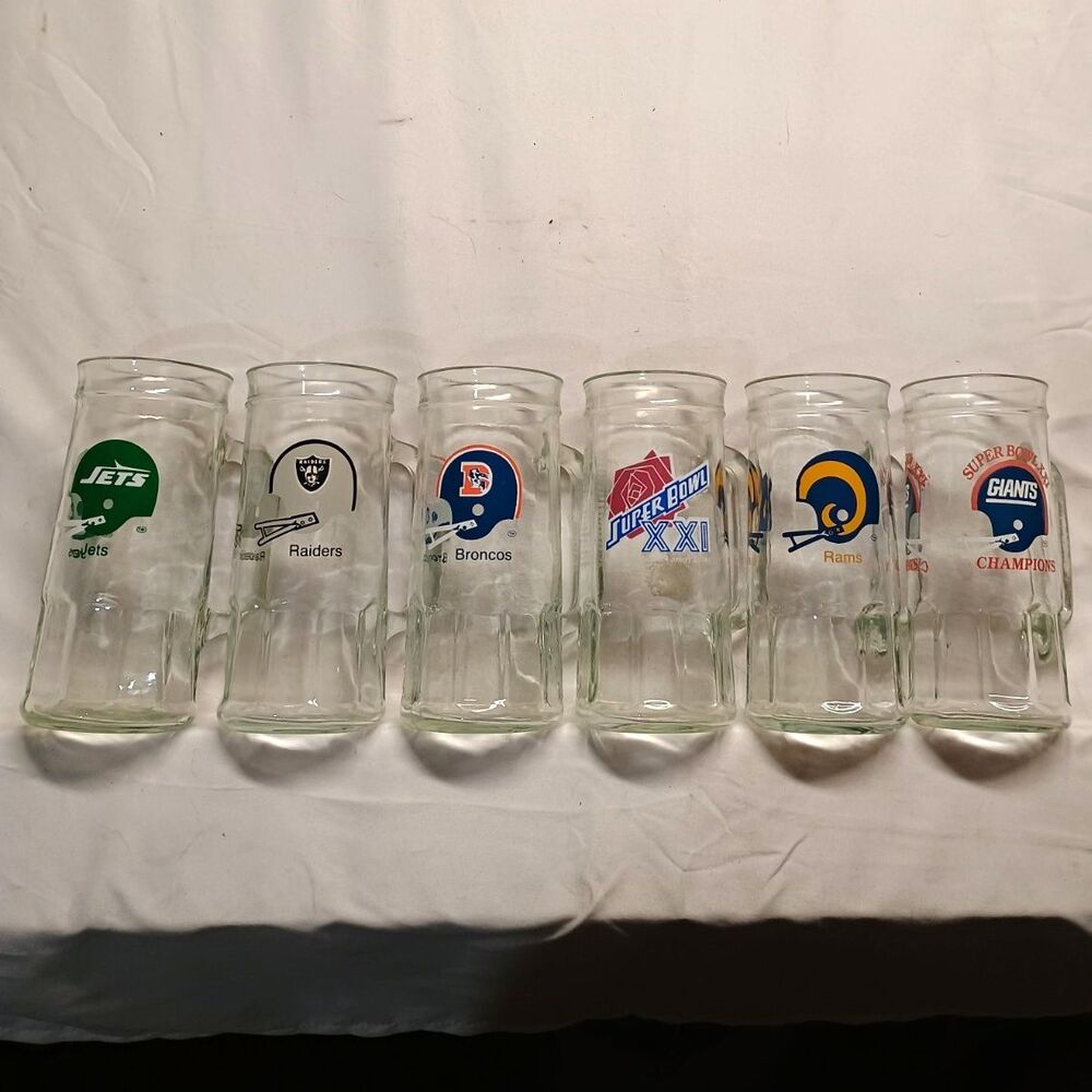 Vintage Fisher NFL Glass Mug Lot 6 Jets Raiders Broncos Rams Super Bowl XXI